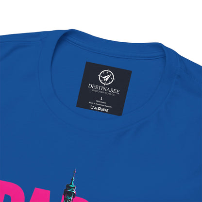 Navy travel T-shirt with circular logo tag on the chest and partial skyline graphic