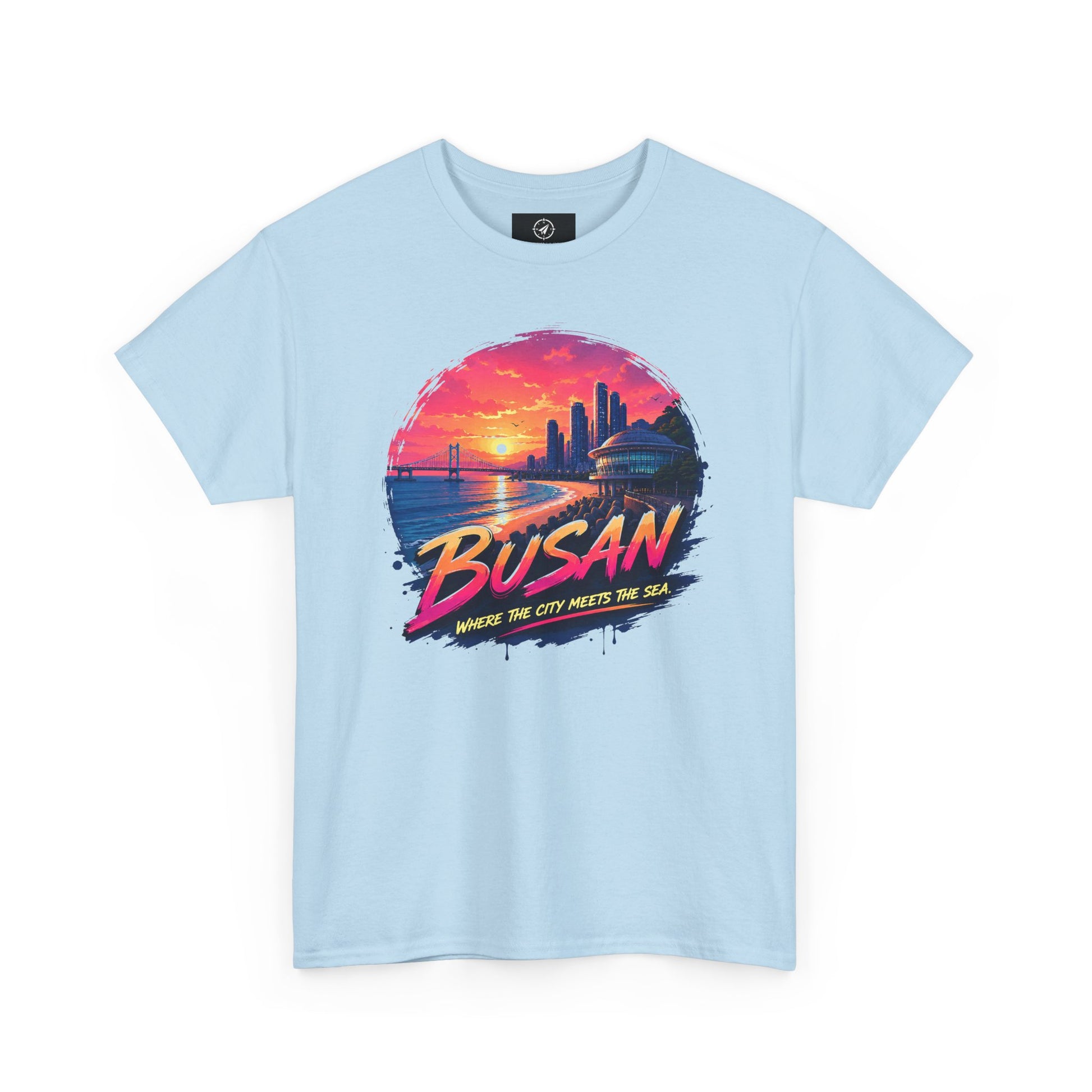 Light blue crew-neck T-shirt with Busan sunset city graphic on front