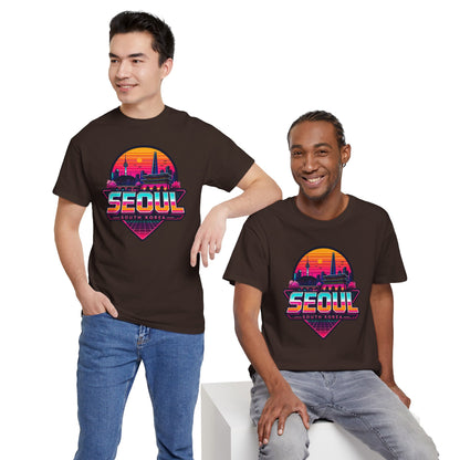 Dark brown crew-neck T-shirt with Seoul skyline heart graphic, worn by two models
