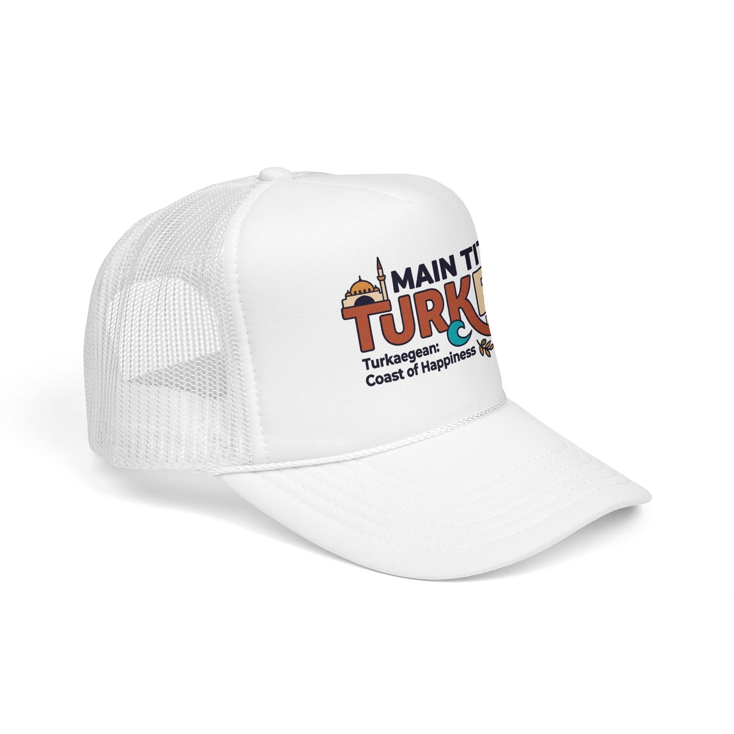 White mesh trucker hat with embroidered turkey logo on the front panel