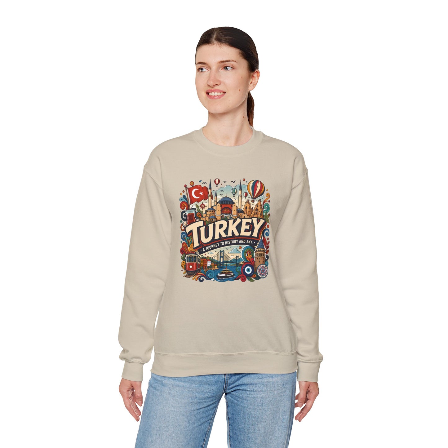 Light beige crewneck sweatshirt with colorful Turkey graphic and ribbed hem