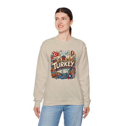 Light beige crewneck sweatshirt with colorful Turkey graphic and ribbed hem