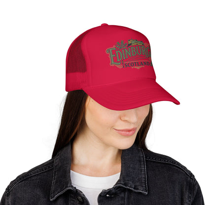 Red trucker hat with mesh back and front Edinburgh Scotland logo