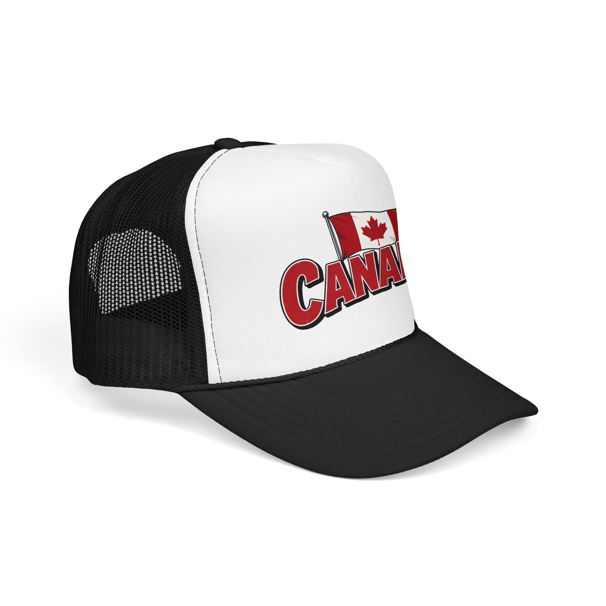 Black and white mesh trucker hat with Canada flag patch and red “CANADA” logo front.