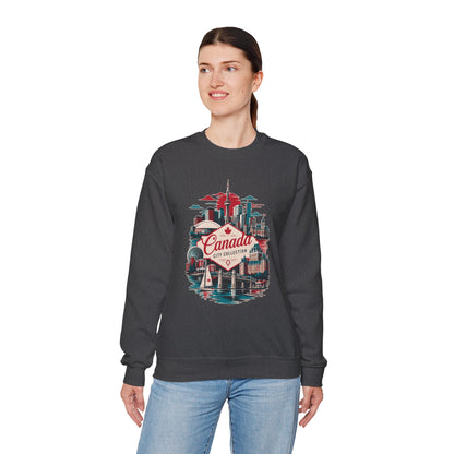 Black crewneck sweatshirt with multicolor Toronto Canada graphic on front.