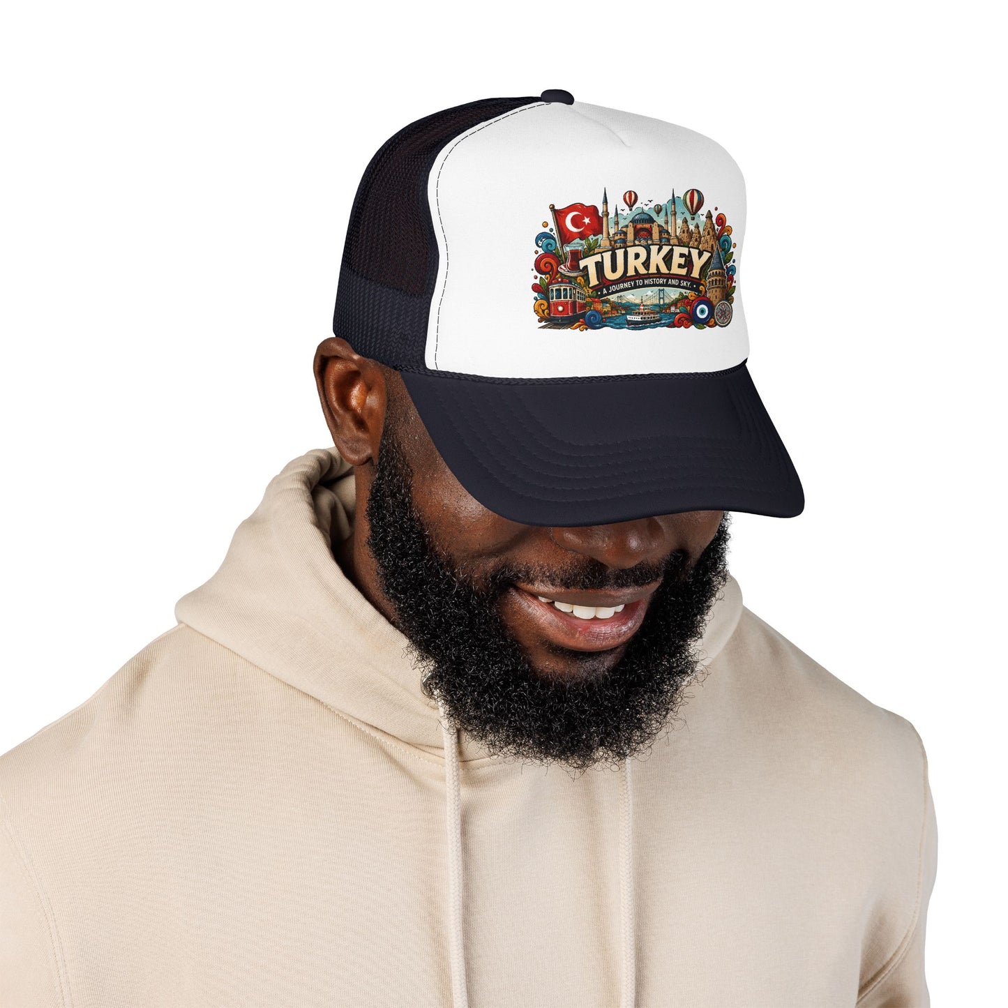 Black and white mesh trucker hat with colorful Turkey logo patch and curved brim