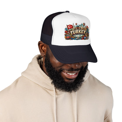 Black and white mesh trucker hat with colorful Turkey logo patch and curved brim