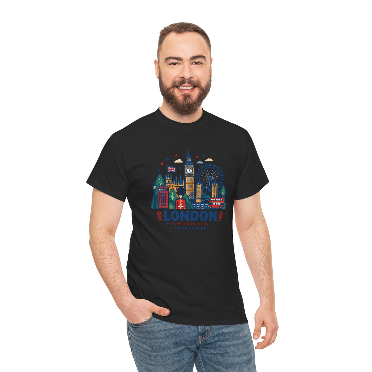 Black London skyline T-shirt with front skyline artwork, worn by model
