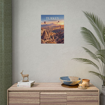 Small square rolled poster showing TURKEY and CAPADOCIA title with balloons and rocks