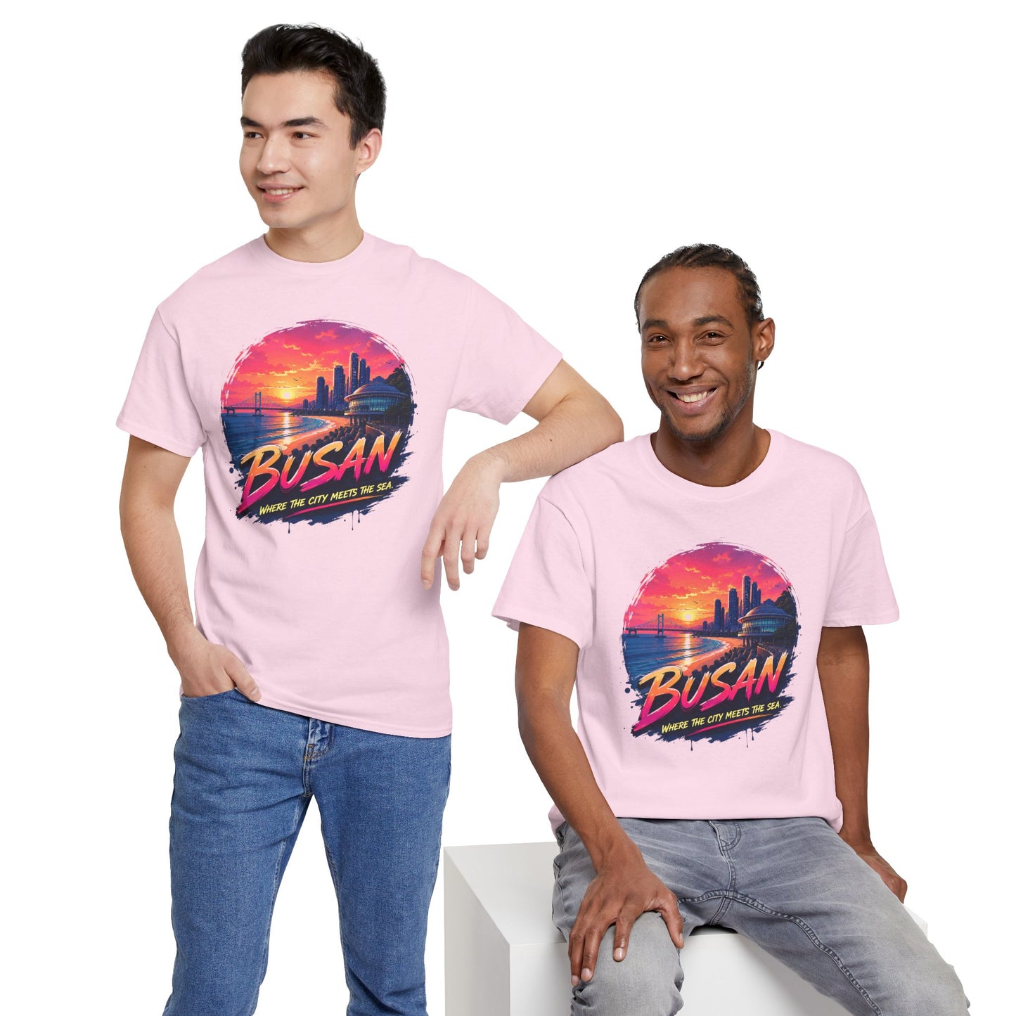 Pink crew-neck T-shirt with Busan sunset city print, worn by models