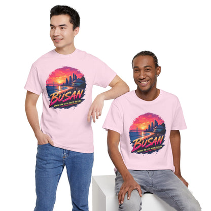 Pink crew-neck T-shirt with Busan sunset city print, worn by models
