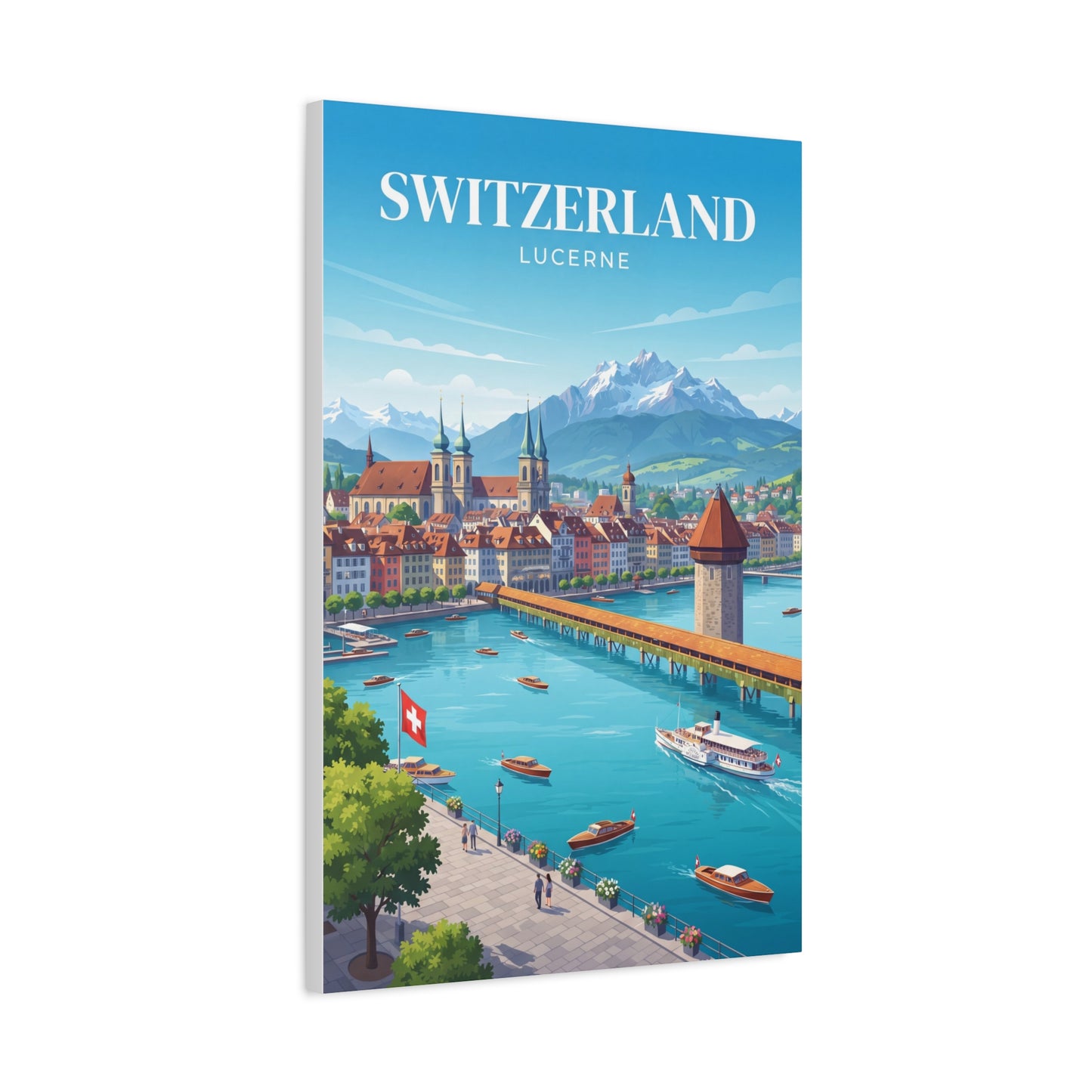 Matte canvas wall art with Switzerland Lucerne text over lake boats and mountains