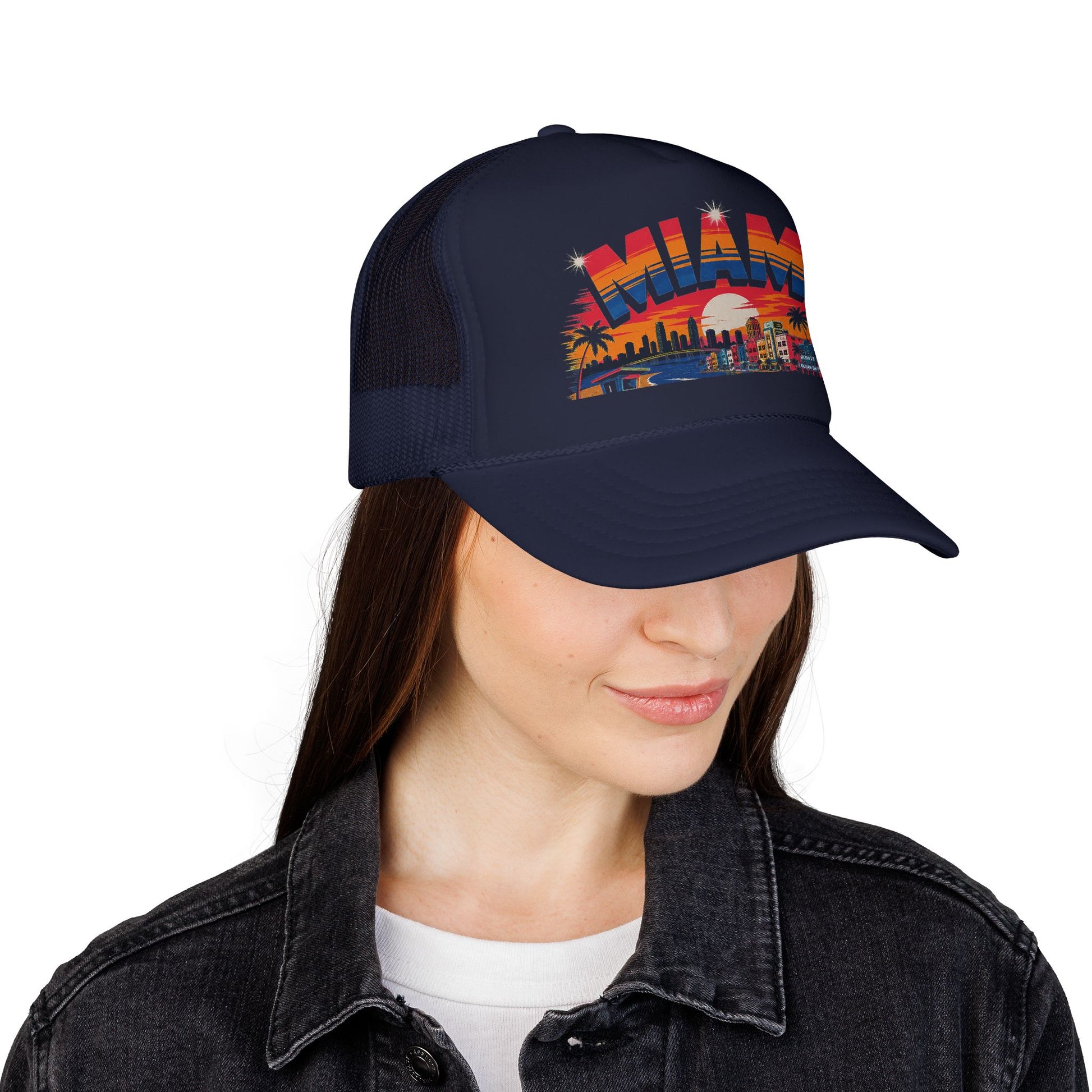 Dark navy trucker hat on model, Miami sunset skyline front graphic visible