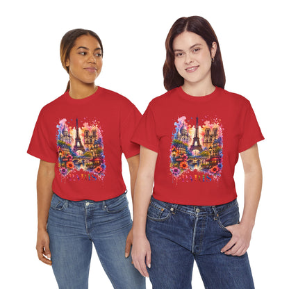 Red floral Eiffel Tower graphic T-shirt with colorful Paris artwork on front
