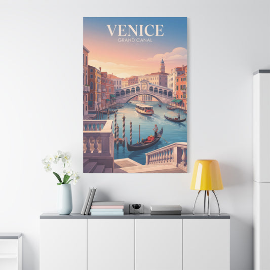 Venice canal matte canvas print with gondolas and arched bridge