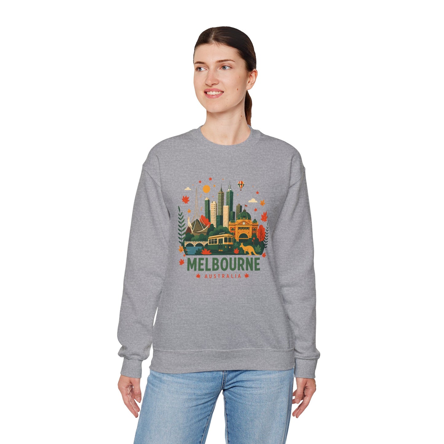 Heather gray sweatshirt with Melbourne city graphic on front