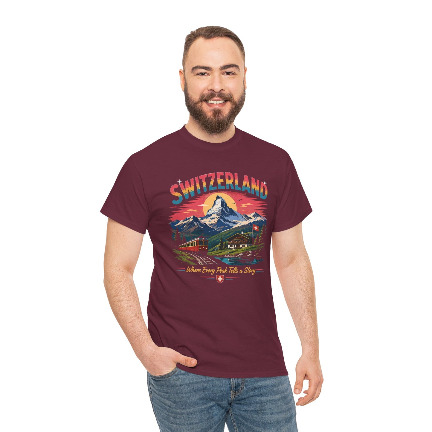 Maroon Switzerland mountain graphic vintage t-shirt on model, front view