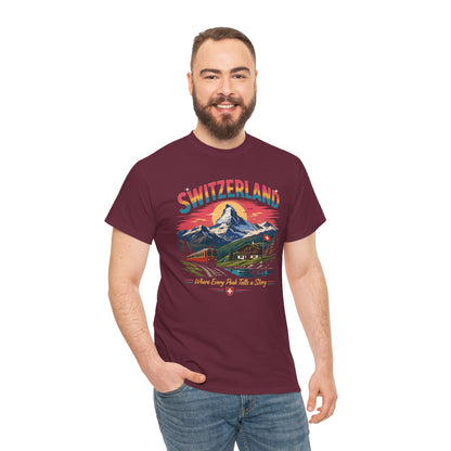 Maroon Switzerland mountain graphic vintage t-shirt on model, front view