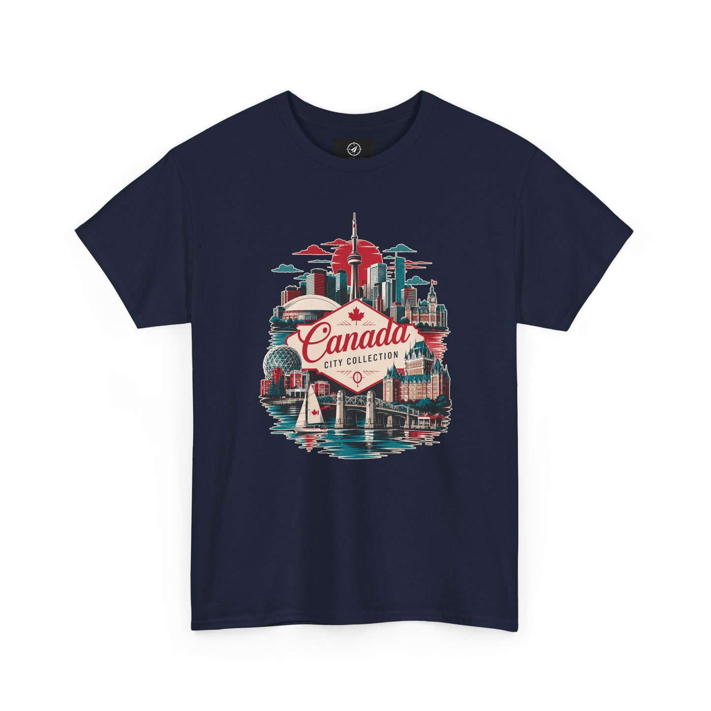 Navy crewneck T-shirt with Canada city skyline graphic in red and teal