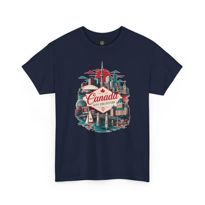 Navy crewneck T-shirt with Canada city skyline graphic in red and teal