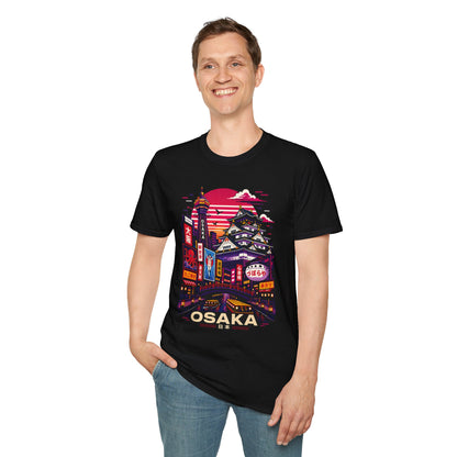 Black Osaka graphic T-shirt worn by a man, crew neck and short sleeves