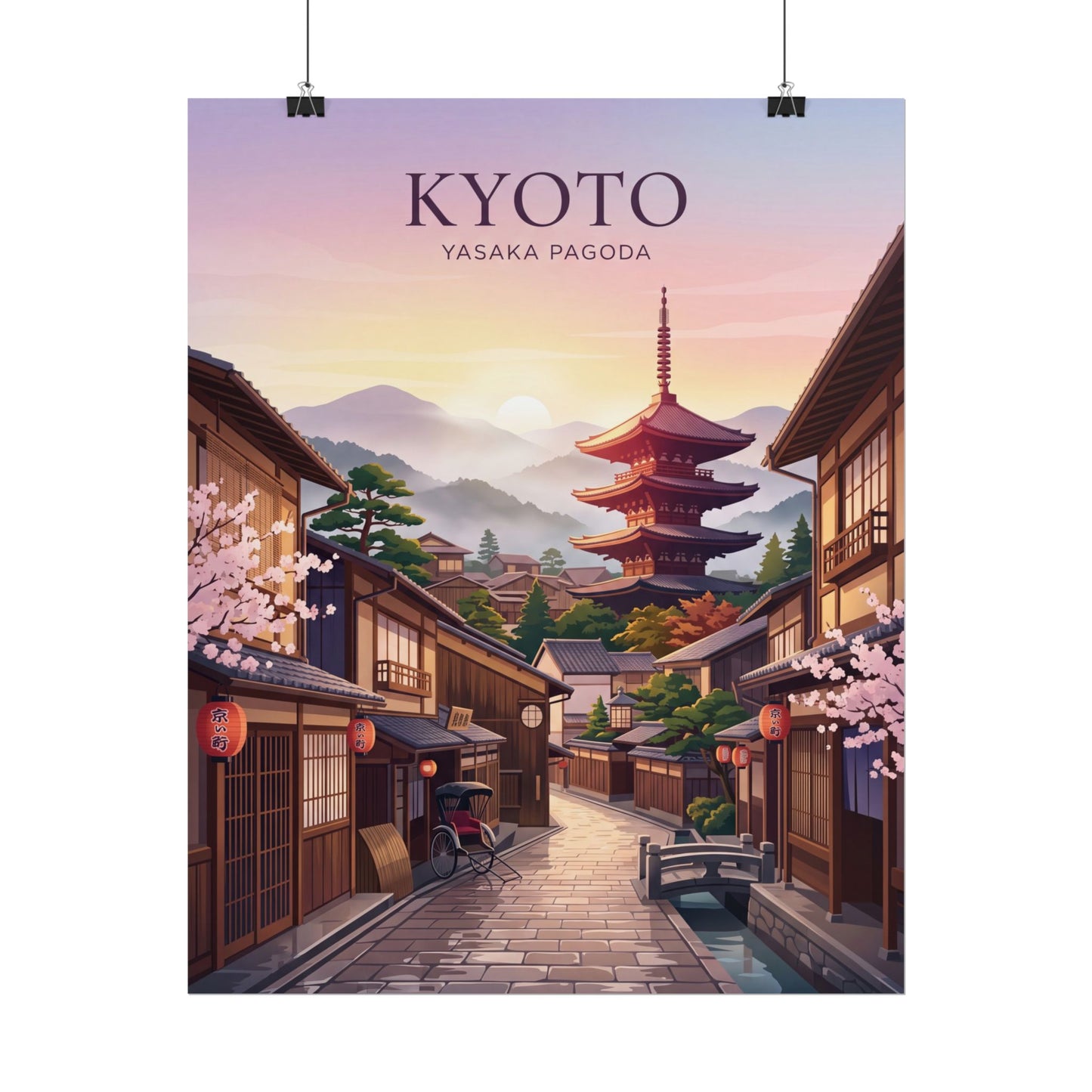 Rolled poster on clips: Kyoto street scene with Yasaka Pagoda, cherry blossoms along the sides.