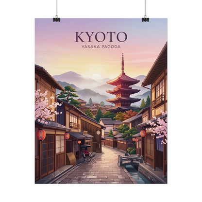 Rolled poster on clips: Kyoto street scene with Yasaka Pagoda, cherry blossoms along the sides.