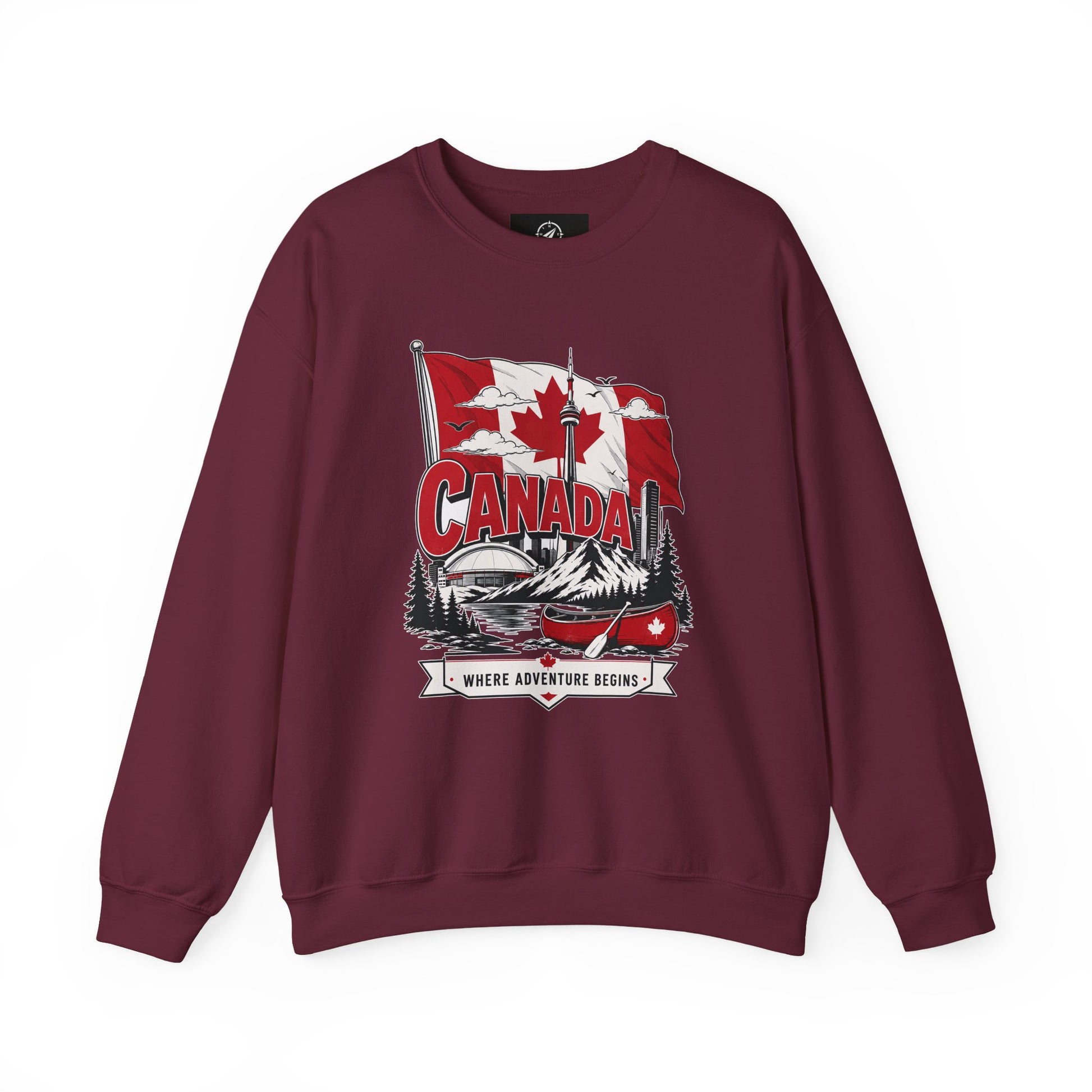 Maroon crewneck sweatshirt with Canada flag canoe graphic and long sleeves.