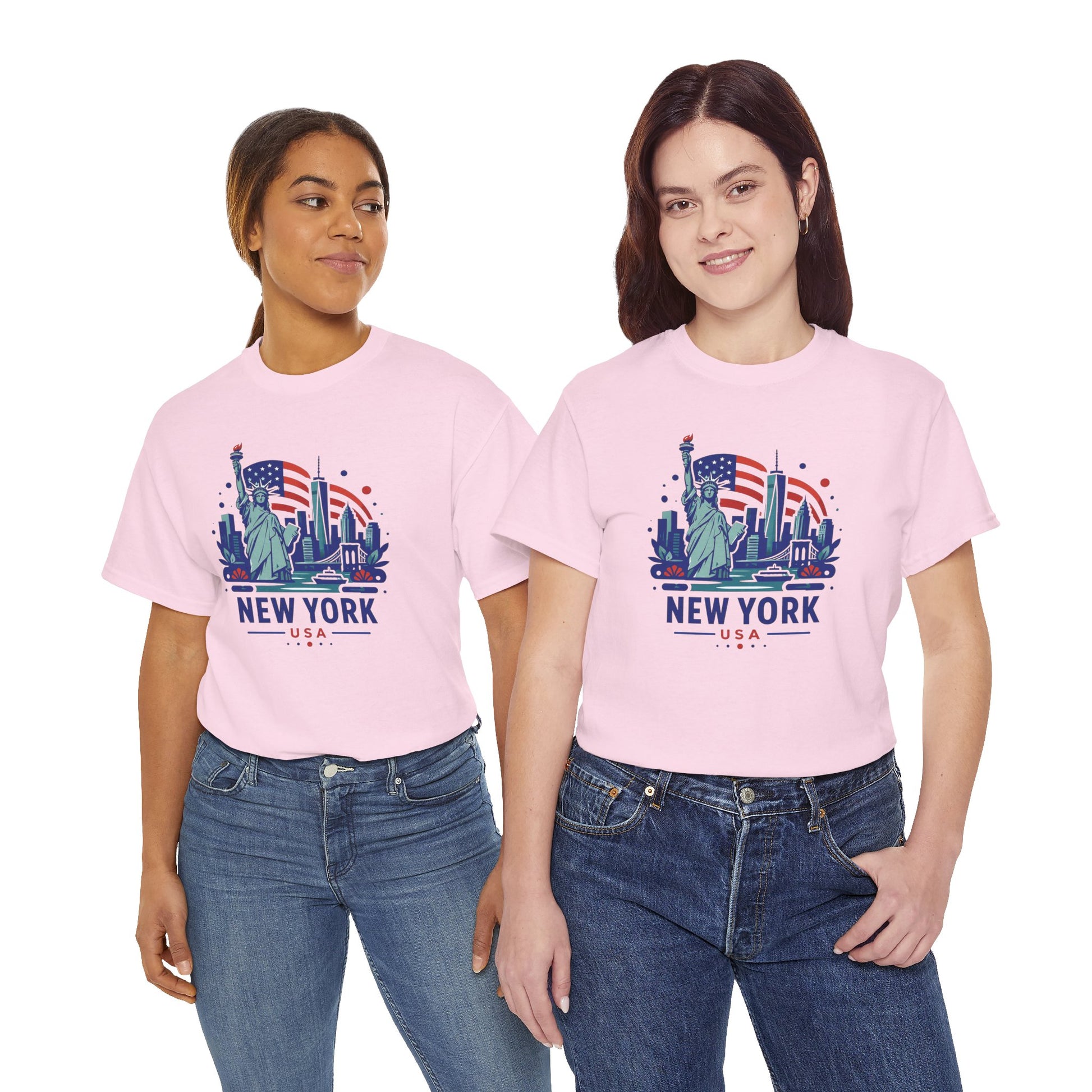 Light pink crewneck T-shirt with Statue of Liberty and 'NEW YORK USA' graphic (front)
