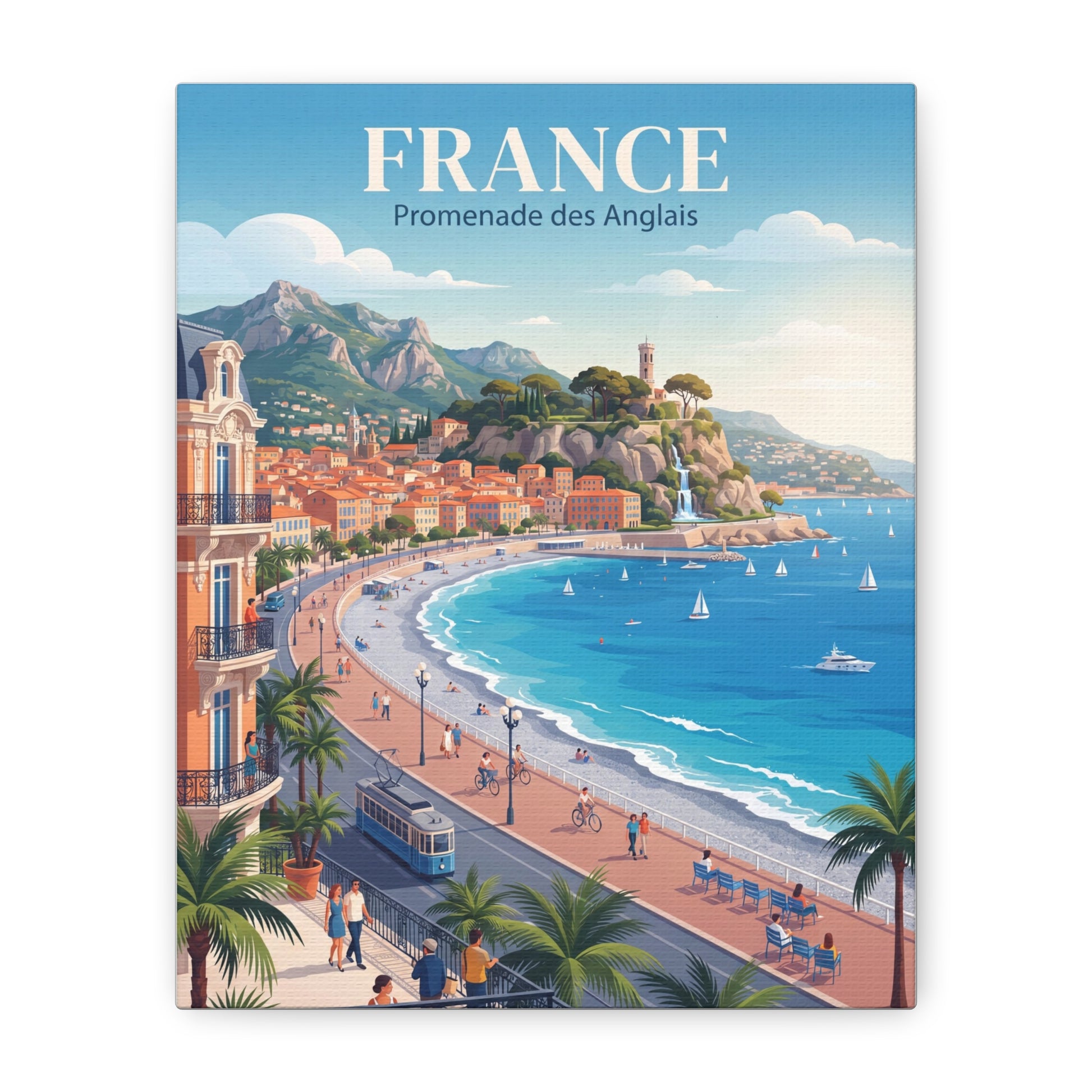 Square matte canvas wall art titled "FRANCE" featuring a coastal promenade with boats and waves.