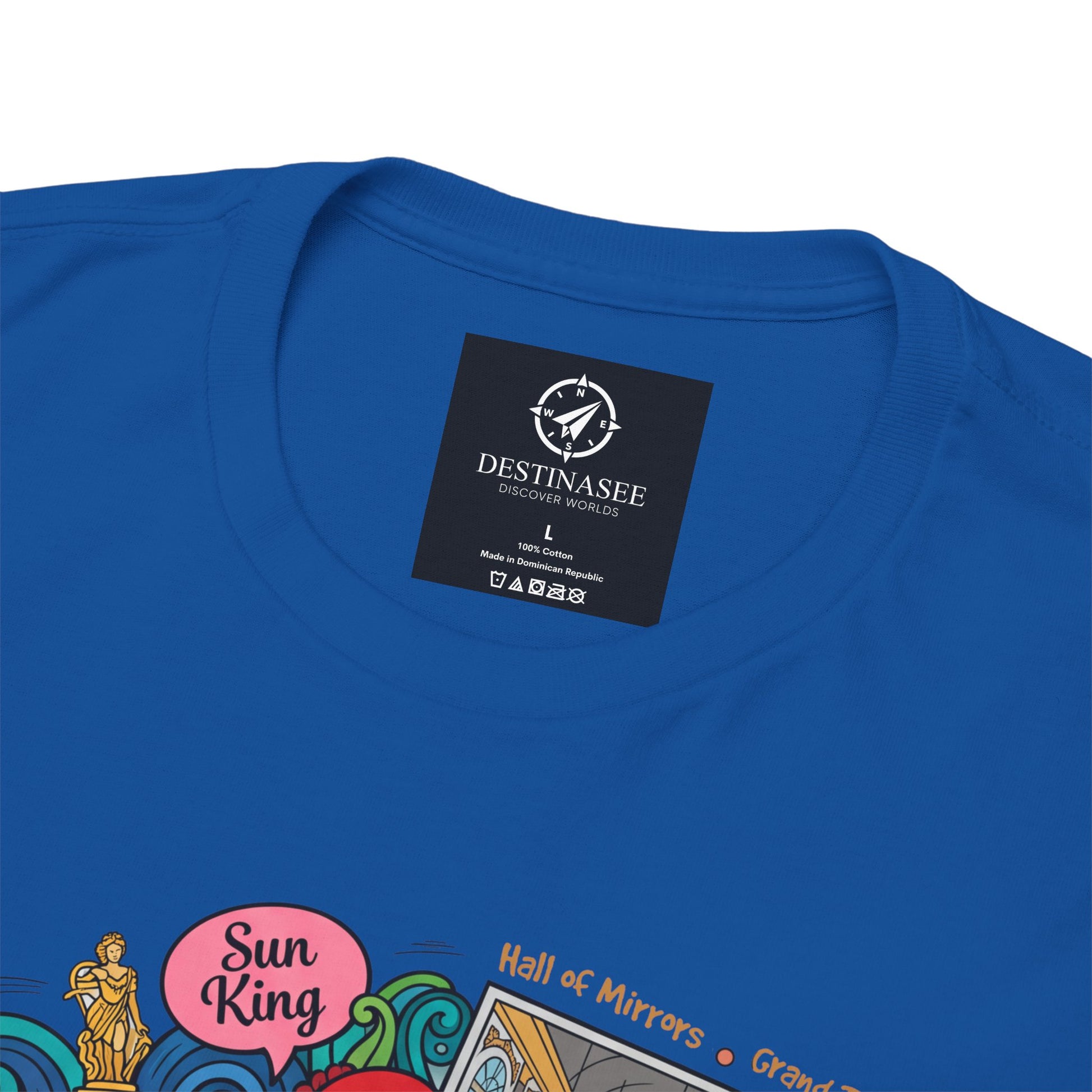 Versailles France illustration T-shirt close-up in royal blue, neck label and graphic