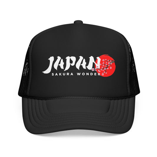 Black trucker hat with JAPAN SAKURA WONDER logo on front panel.