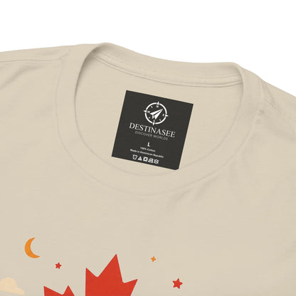 Beige T-shirt with small chest neck label and partial colorful maple leaf graphic