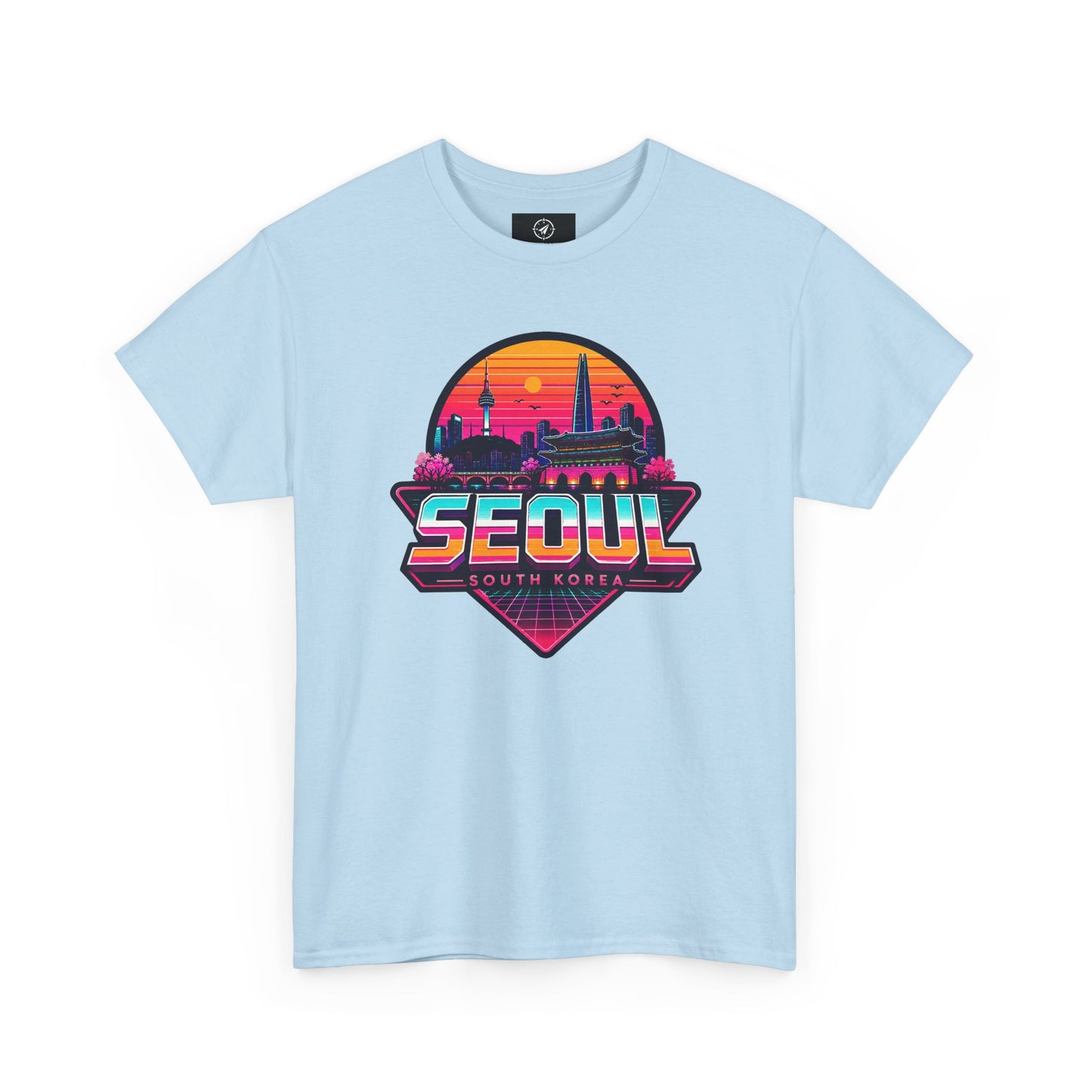 Light blue Seoul retro city T-shirt with colorful sunset skyline logo on front