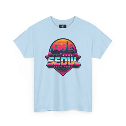 Light blue Seoul retro city T-shirt with colorful sunset skyline logo on front