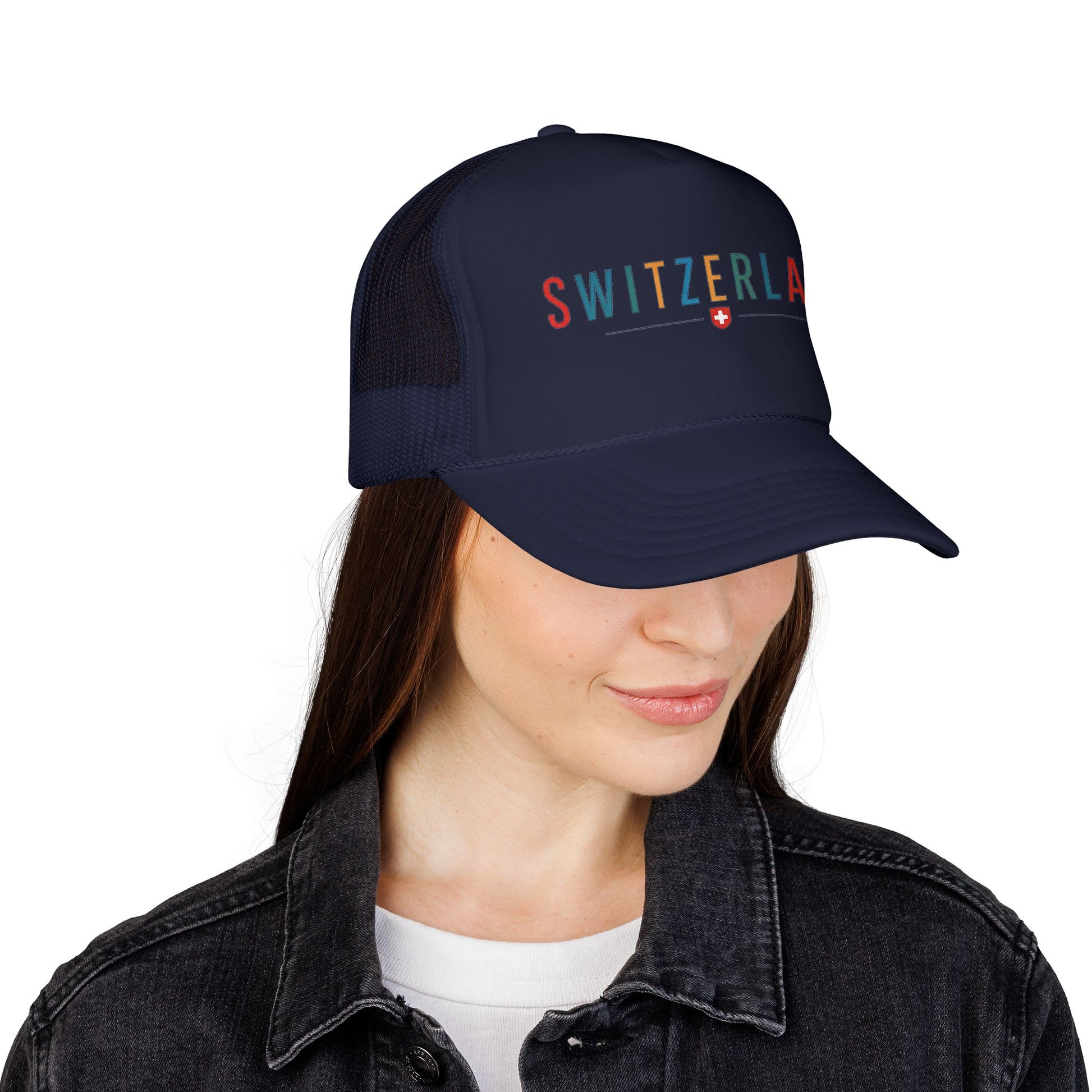 Navy foam trucker cap with SWITZERLAND logo, curved brim and mesh back