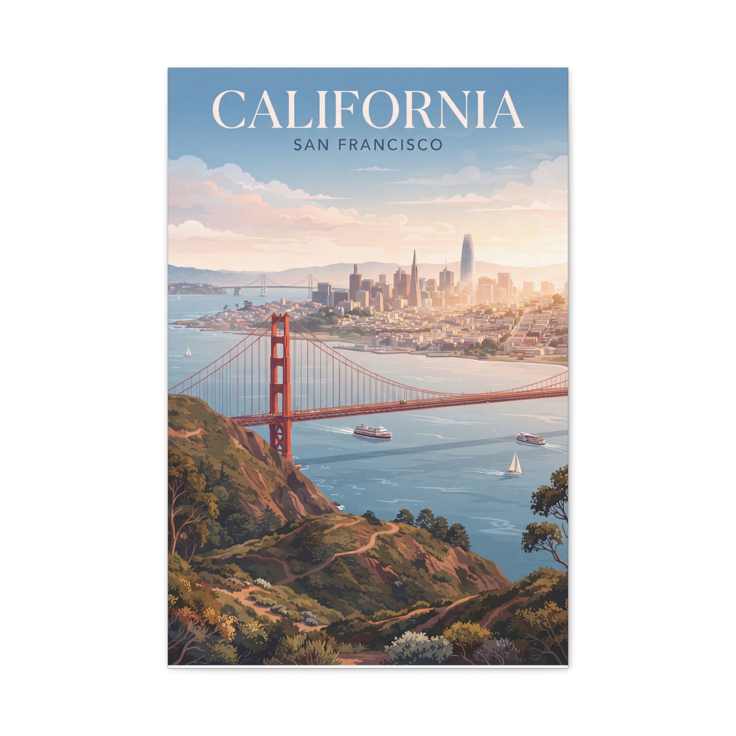 Golden Gate Bridge canvas wall art with red bridge tower, bay water, and boats