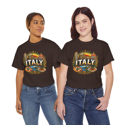 Black crewneck T-shirt with vintage Italy emblem graphic on the chest