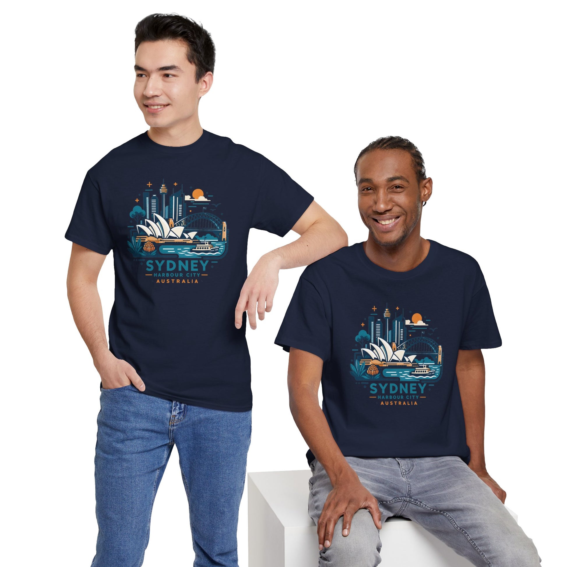 Navy crew-neck T-shirt with colorful Sydney Australia cityscape graphic front