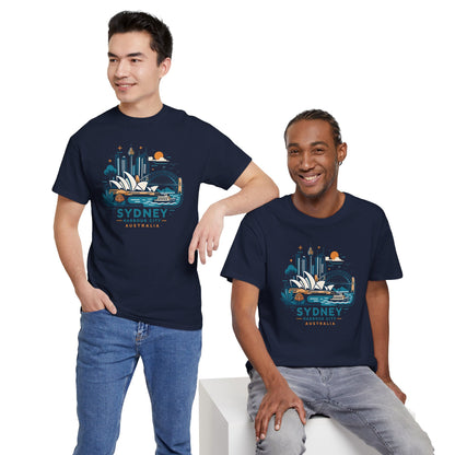 Navy crew-neck T-shirt with colorful Sydney Australia cityscape graphic front