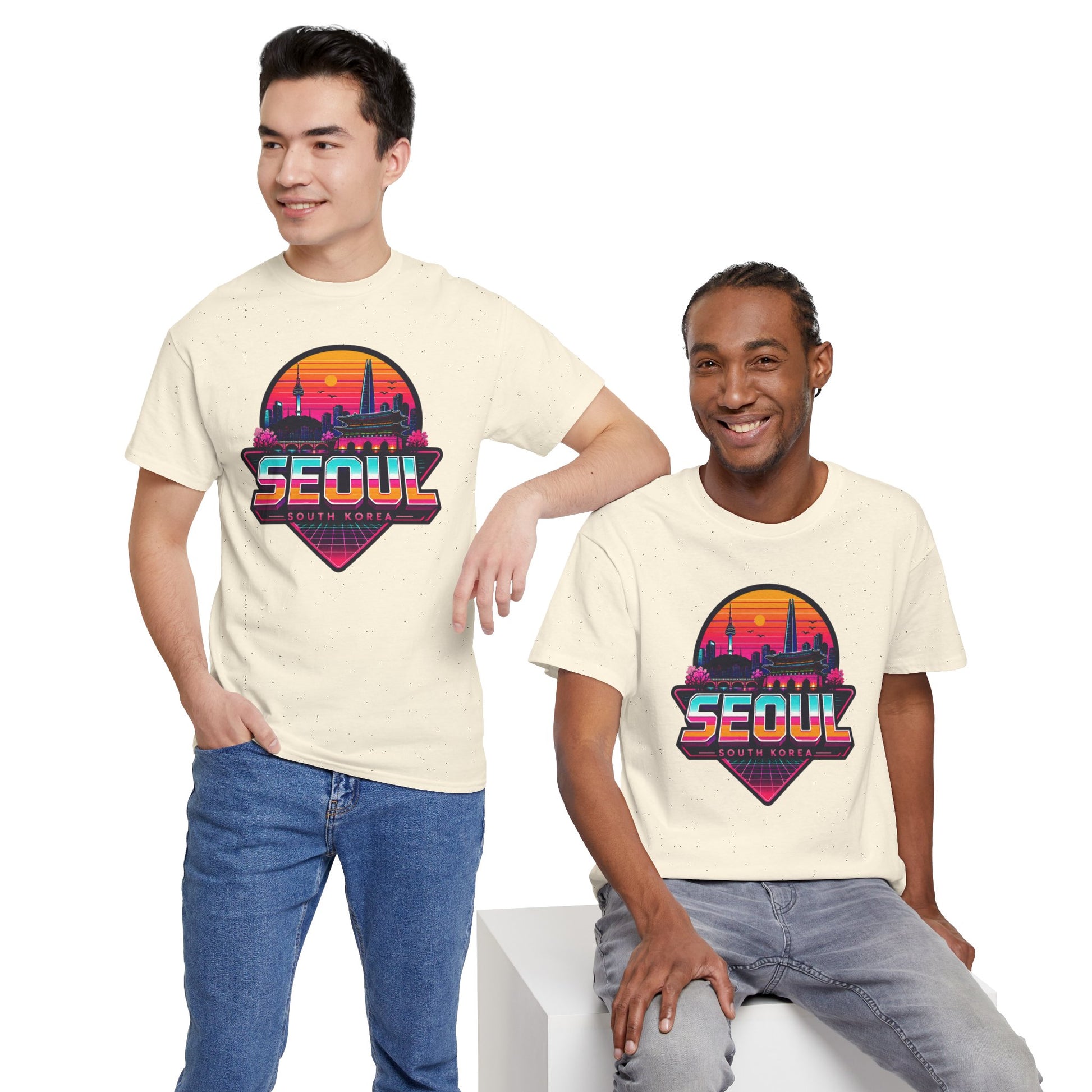 Natural cream t-shirt with Seoul city skyline neon heart graphic on the chest, worn by men