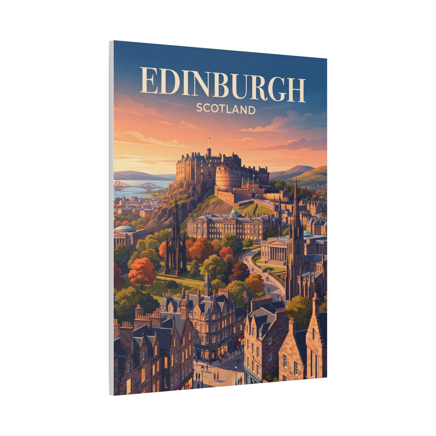 Matte canvas wall art of Edinburgh skyline with sunset clouds and 'EDINBURGH' title