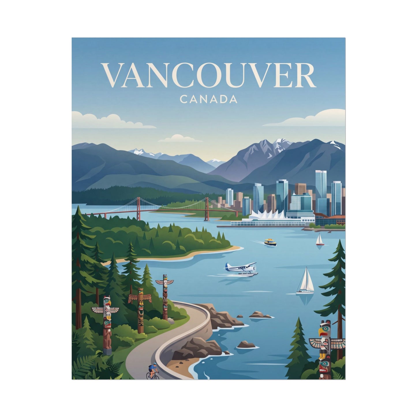 Vancouver Canada poster with blue bay, mountains, skyline, boats, and evergreen forest