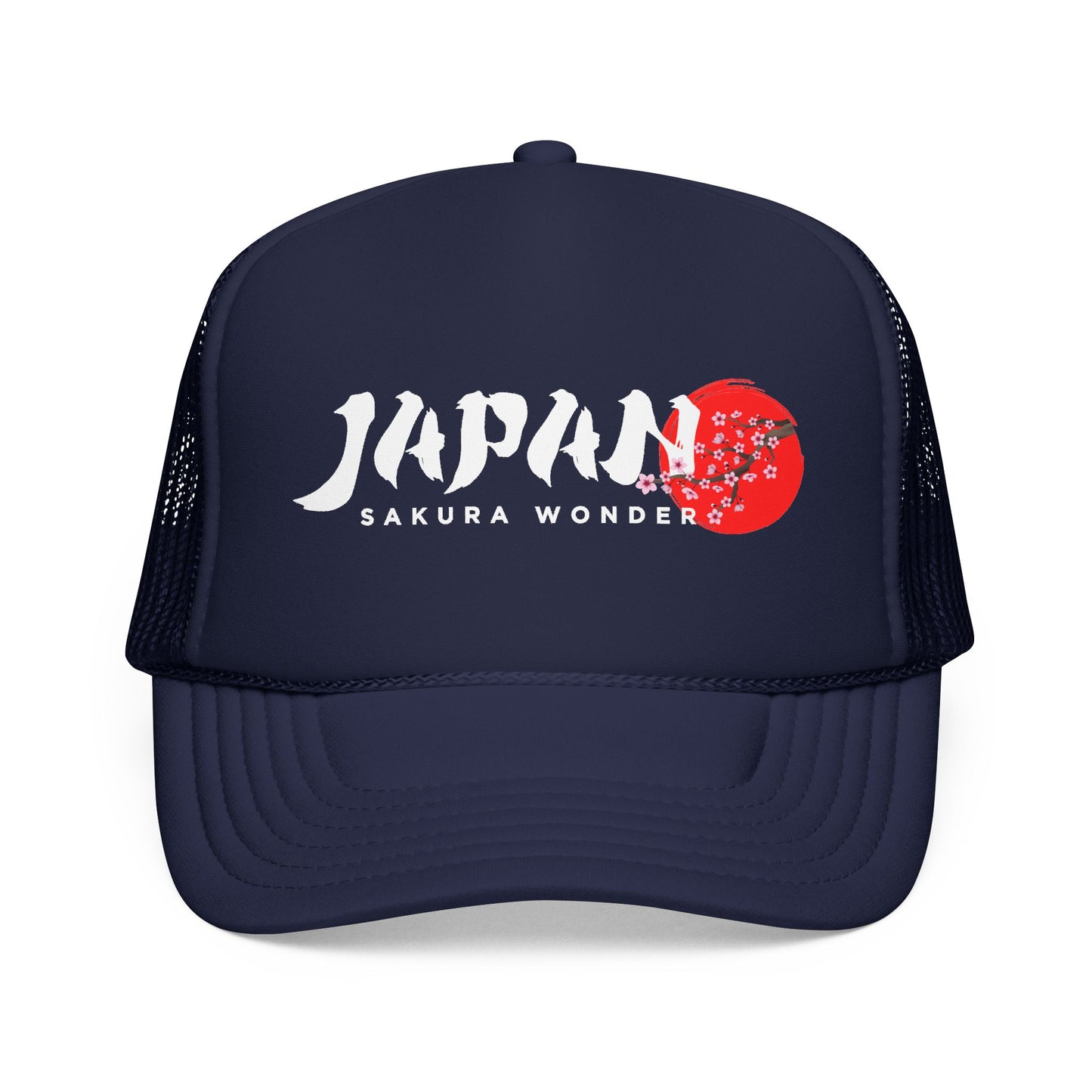 Dark navy trucker hat with JAPAN SAKURA WONDER logo on front panel.