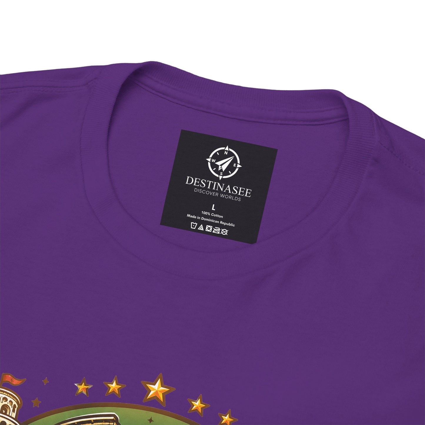 Purple crew-neck T-shirt with chest logo label and star graphic print