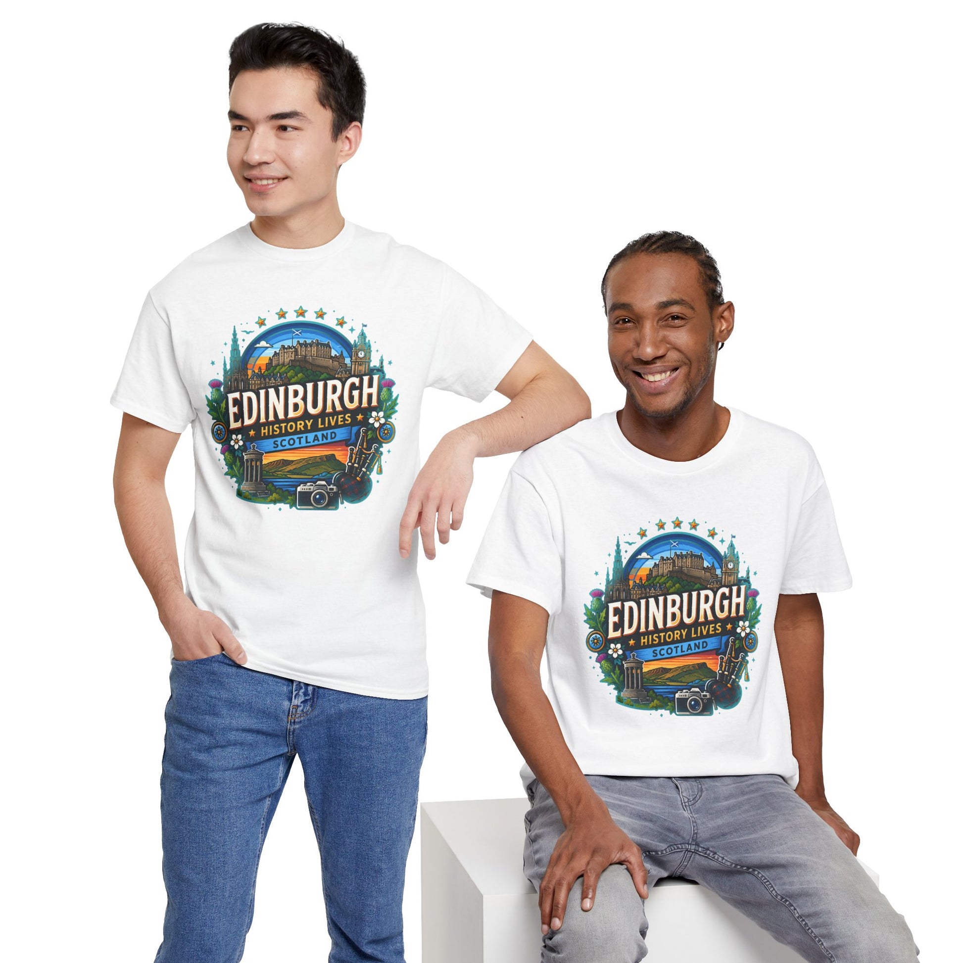 White crew-neck T-shirt with front circular Edinburgh-themed graphic print