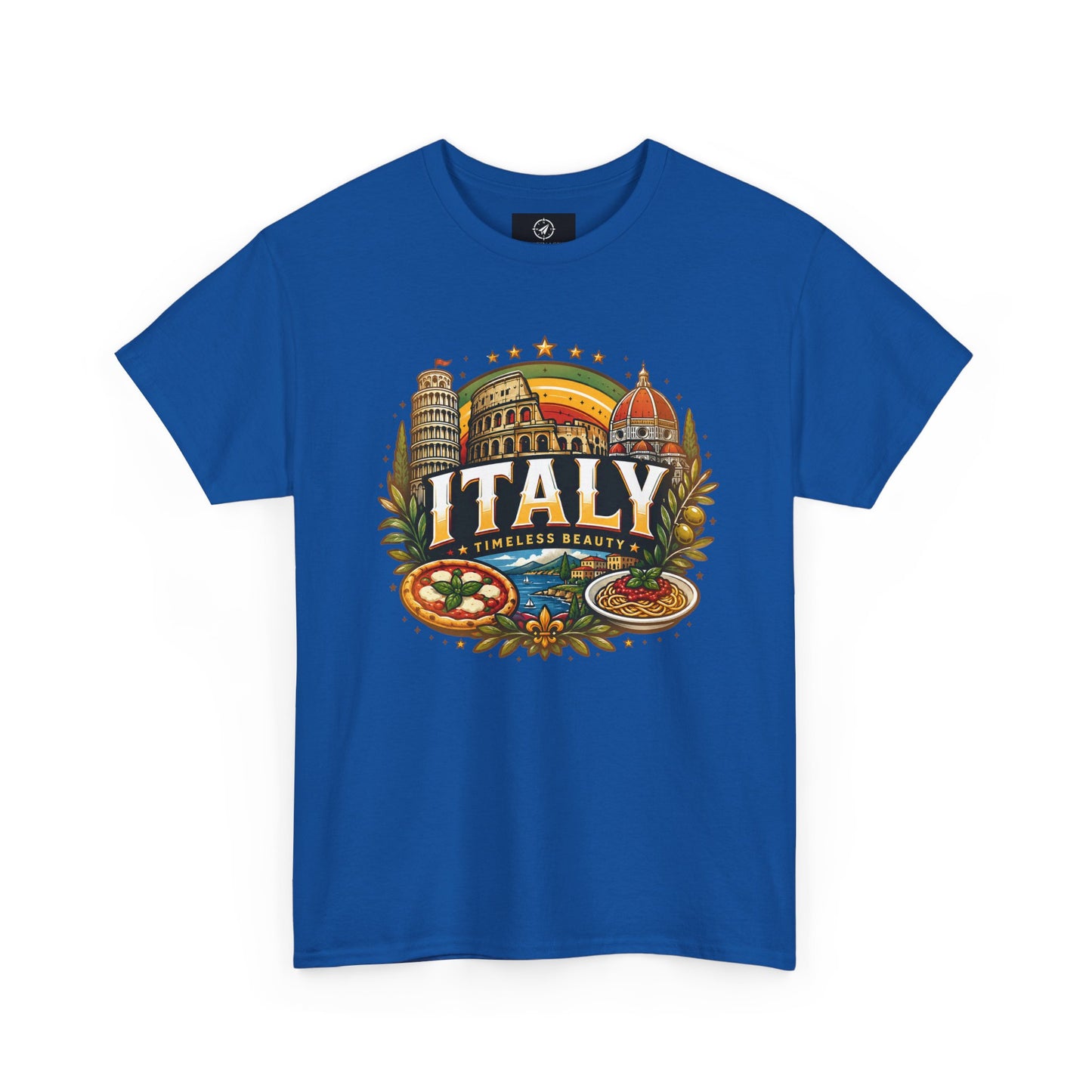 Royal blue short-sleeve t-shirt with colorful Italy landmark front graphic