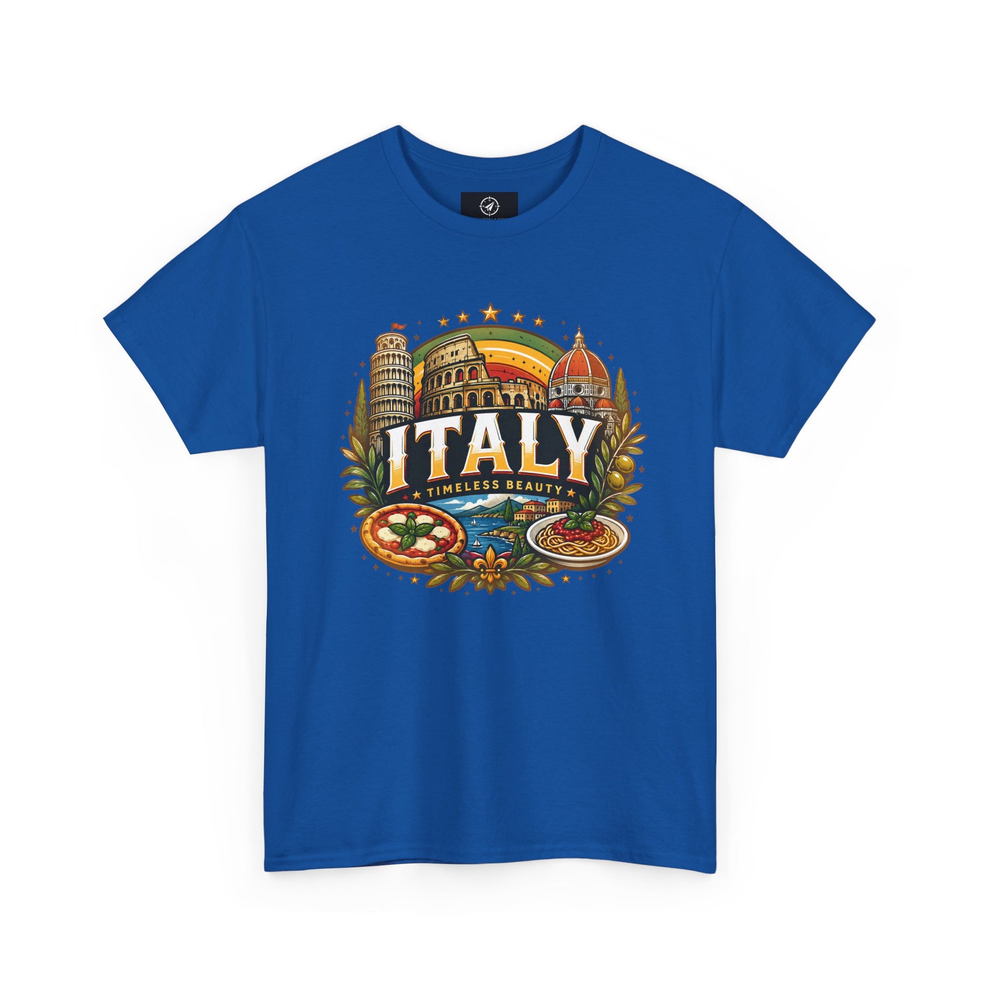 Royal blue short-sleeve t-shirt with colorful Italy landmark front graphic