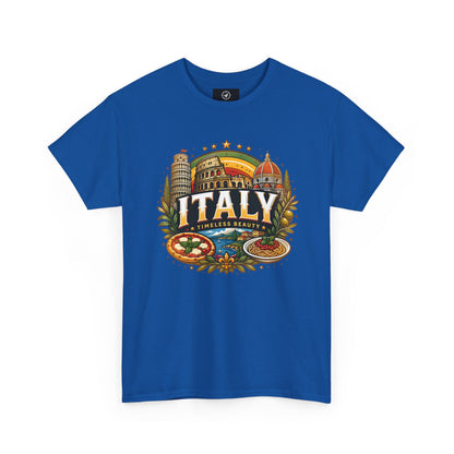 Royal blue short-sleeve t-shirt with colorful Italy landmark front graphic