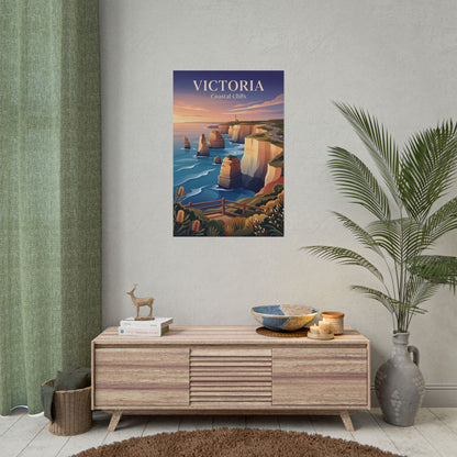 Rolled Australia coastal cliffs poster on wall with scenic cliffs and ocean at sunset